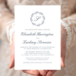 Invitation Indigo Blue Monogram Wreath Script Mariage