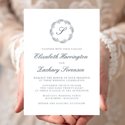Invitation Indigo Blue Monogram Wreath Script Mariage