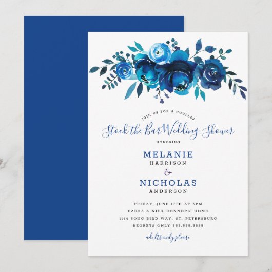 Invitation Indigo Blue Stock le Bar wedding shower (Devant / Derrière)