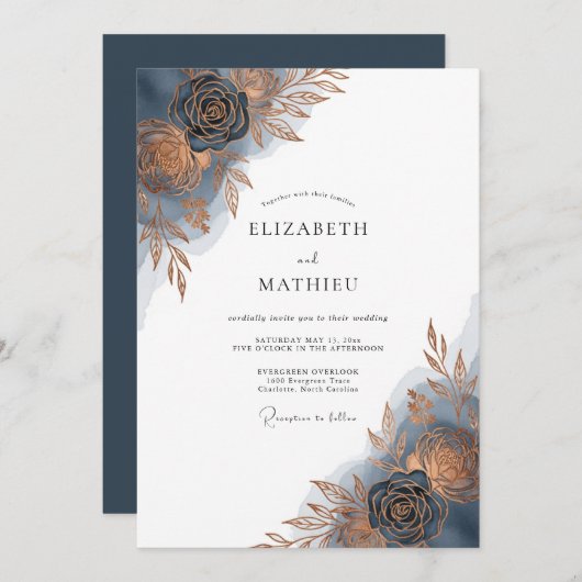 Invitation Indigo Brushstroke Bloom Wedding (Devant / Derrière)