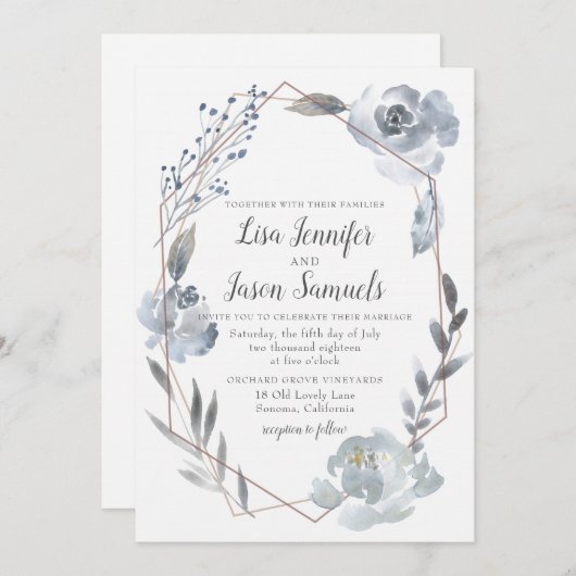 Invitation Indigo Dusty Blue Floral Mariage géométrique Invit (Devant / Derrière)