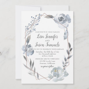 Invitation Indigo Dusty Blue Floral Mariage géométrique Invit