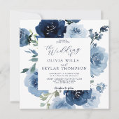 Invitation Indigo Dusty Blue Navy Fleurs Jardin Mariage (Devant)