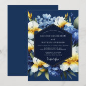 Invitation Indigo Golden Iris Bloom Wedding (Devant / Derrière)