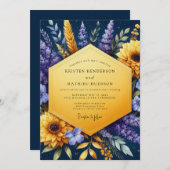 Invitation Indigo Golden Sunflower Wedding (Devant / Derrière)