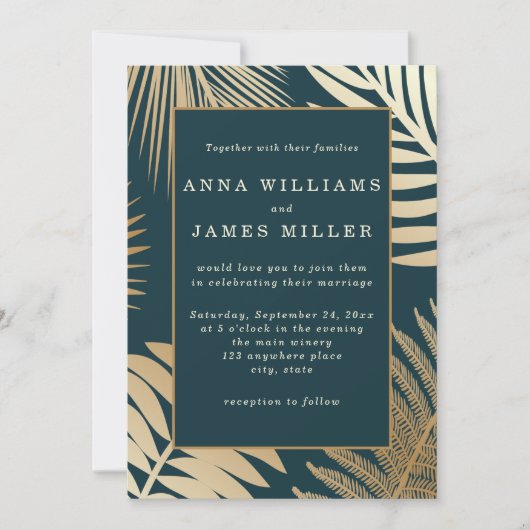 Invitation Indigo Green Gold Tropical Palm Feuille Mariage (Devant)