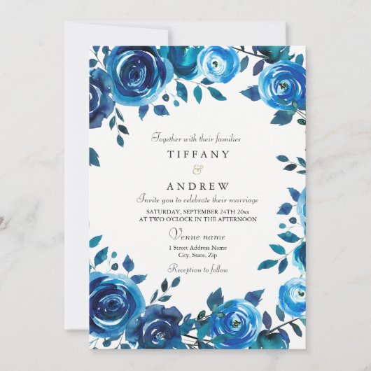 Invitation Indigo Midnight Blue Floral Wreath Wedding Invitat (Devant)