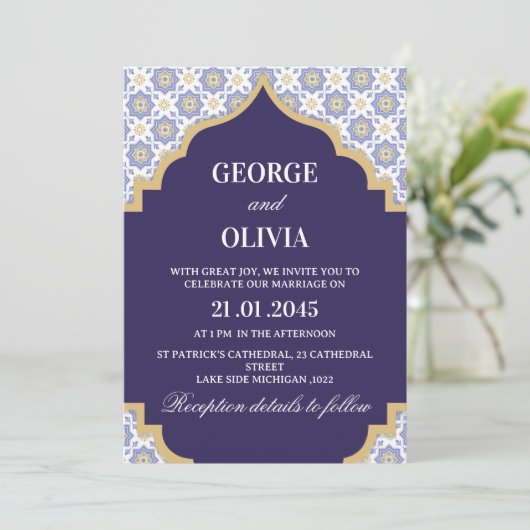 Invitation Indigo Moroccan Tile Wedding (Debout devant)