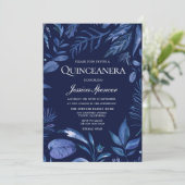 Invitation Indigo & Navy Blue Leaf Floral Quinceanera Invitat (Debout devant)