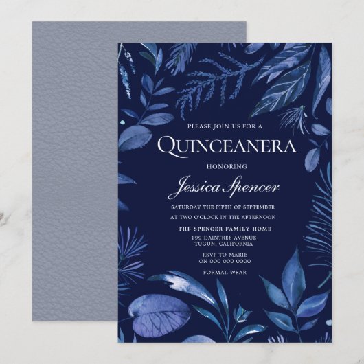 Invitation Indigo & Navy Blue Leaf Floral Quinceanera Invitat (Devant / Derrière)