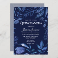 Indigo & Navy Blue Leaf Floral Quinceanera Invitat