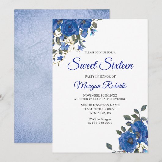 Invitation Indigo Navy Midnight Blue Flowers Sweet 16 Invitat (Devant / Derrière)