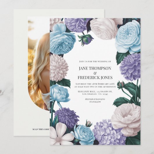 Invitation Indigo Petal, Hydrangea Bleue & Mariage Perle de G (Devant / Derrière)