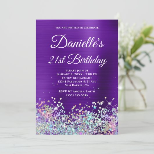 Invitation Indigo Purple Foil Holo Parties scintillant 21e an (Debout devant)