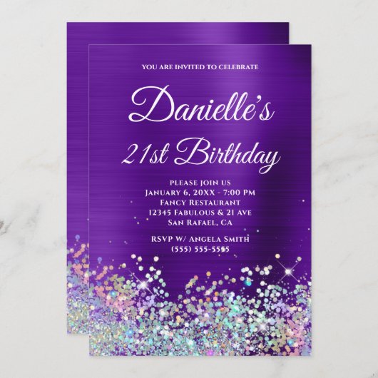 Invitation Indigo Purple Foil Holo Parties scintillant 21e an (Devant / Derrière)