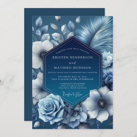 Invitation Indigo Shadow Bloom Wedding (Devant / Derrière)