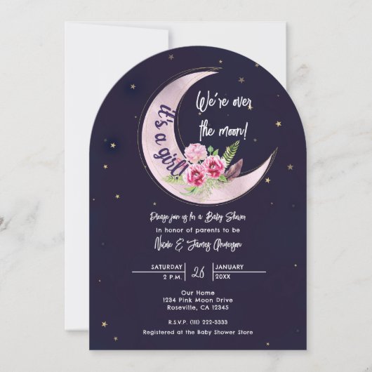 Invitation Indigo Star Fall Rose Floral Moon Baby shower (Devant)