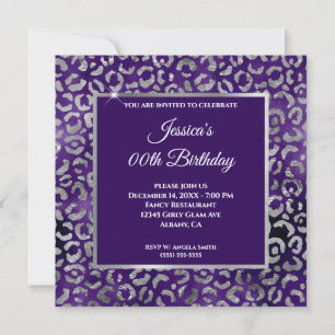 Invitation Indigo Violet et Léopard Argenté Anniversaire Foil