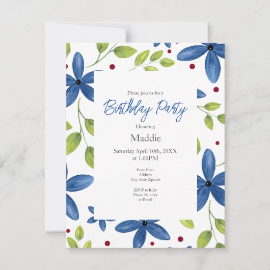 Invitation Indigo Watercolor Floral Bouquet Motif (Devant)