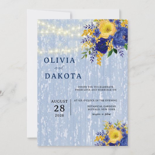 Invitation Indigo Yellow Peony Wood Lights Mariage (Devant)
