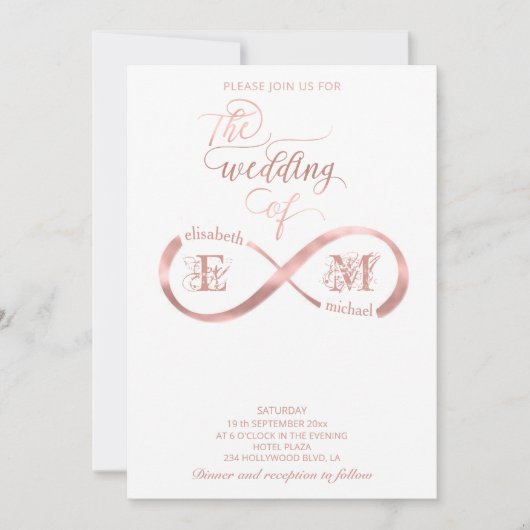 Invitation Infini or rose monogramme calligraphie romantique (Devant)