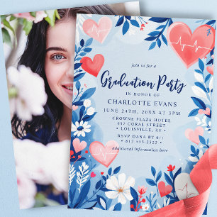 Invitation Infirmière Cœur Floral Bleu Clair Photo de Remise
