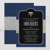 Invitation Infirmière Graduation Party Elégant Marine Bleu &  (Devant / Derrière)