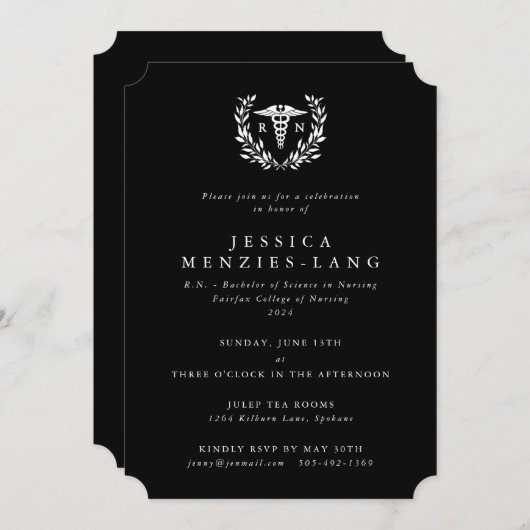 Invitation Infirmière noire Caduceus+Laurel Wreath (Devant / Derrière)