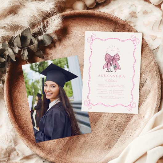 Invitation Infirmière Photo Coquette Pink Bow Élégante gradua