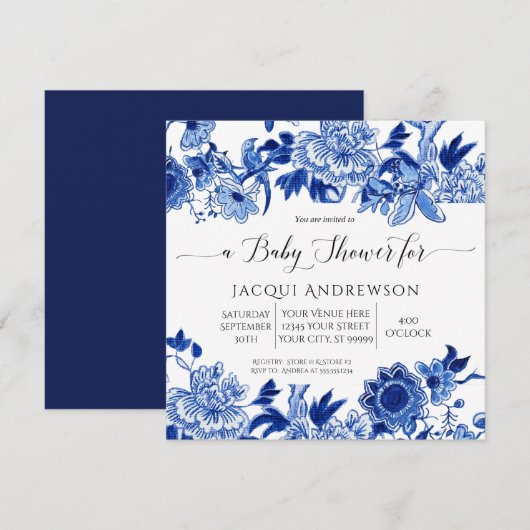 Invitation Influence asiatique Baby shower floral bleu blanc (Devant / Derrière)