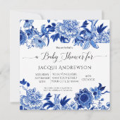 Invitation Influence asiatique Baby shower floral bleu blanc (Devant)