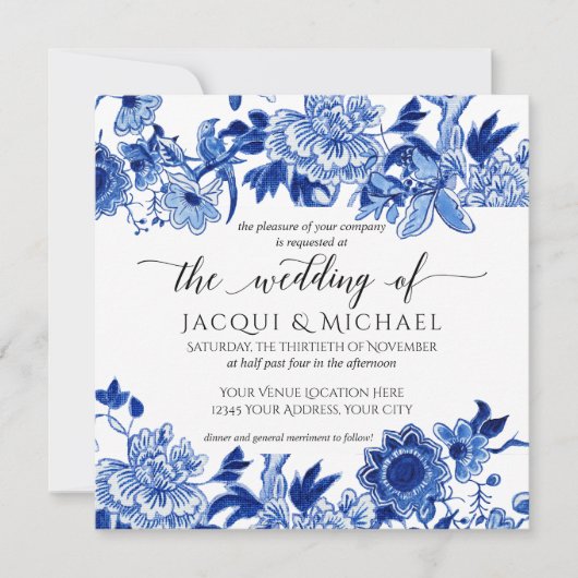 Invitation Influence asiatique Bleu Blanc Floral Mariage Artw (Devant)