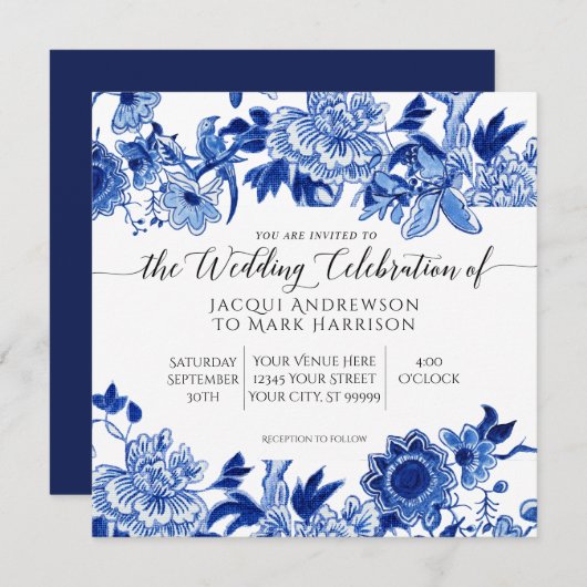 Invitation Influence asiatique Mariage floral bleu et blanc m (Devant / Derrière)