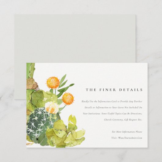 INVITATION INFORMATIONS FLORALES DE CACTUS SUCCULENT AQUARELL (Devant / Derrière)