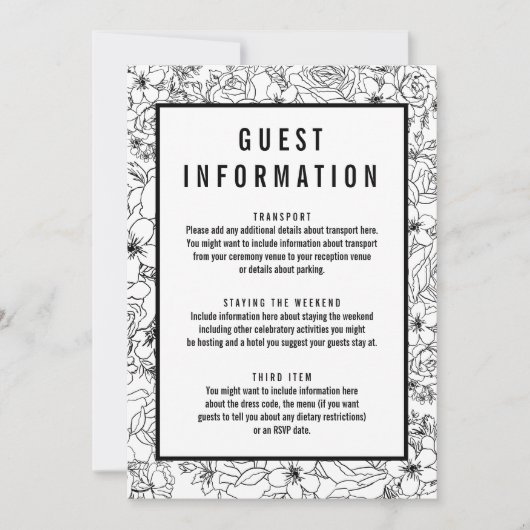 Invitation Infos d'invité floral noir et blanc simple (Devant)