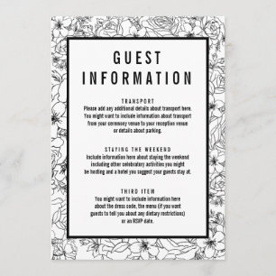 Invitation Infos d'invité floral noir et blanc simple