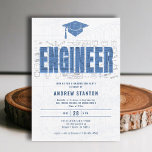 Invitation Ingénieur ingénieur Casquette White Party<br><div class="desc">Un arrière - plan de la conception de l'ingénierie, avec le même effet de papier de rédaction de l'ingénieur sur les lettres en gras orthographiant le mot ENGINEER en bleu, ainsi qu'un bouchon de graduation avec le même effet de dessin et de papier graphique, décorent cette fête de graduation moderne,...</div>