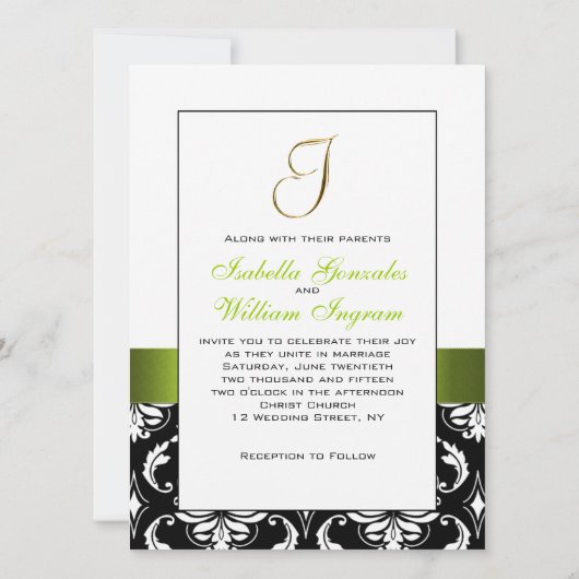 Invitation initiale au mariage blanc noir vert (Dos)
