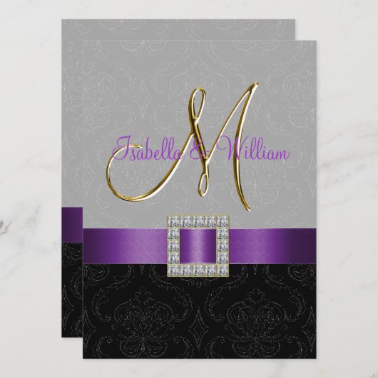 Invitation initiale au mariage noir gris pourpre (Devant / Derrière)