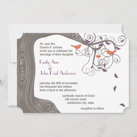 Invitation Initiales Arbre Tangerine Oiseau Mariage Invitatio (Devant)
