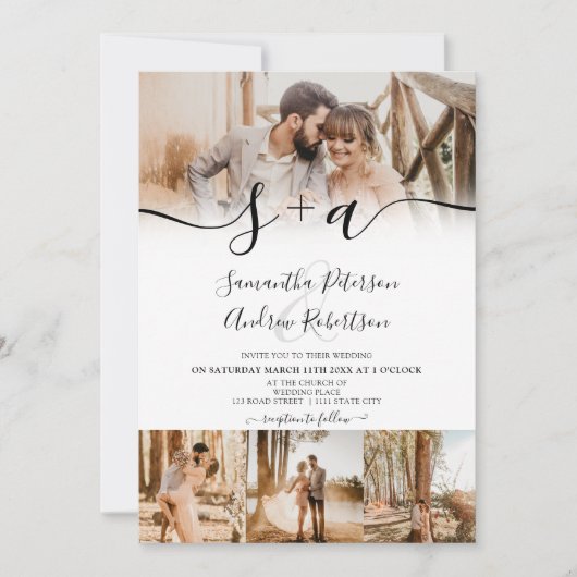 Invitation Initiales blanches modernes script 5 photos mariag (Devant)