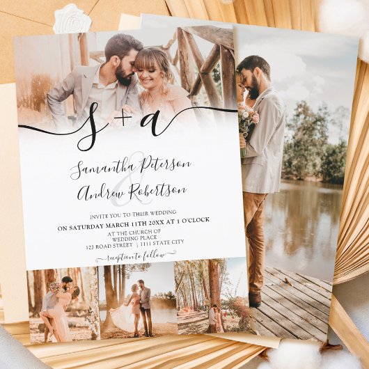Invitation Initiales blanches modernes script 5 photos mariag