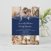 Invitation Initiales bleu marine moderne script 5 photos mari (Debout devant)