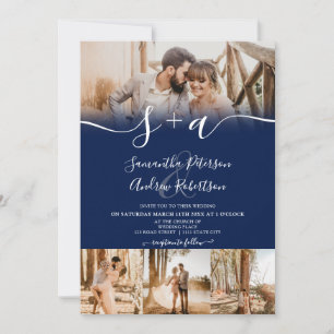 Invitation Initiales bleu marine moderne script 5 photos mari