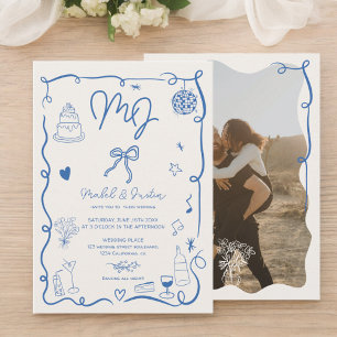 Invitation Initiales bleues dessinées à la main mariage photo