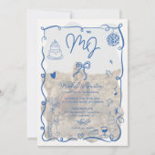 Invitation Initiales bleues dessinées à la main photos illust (Devant)
