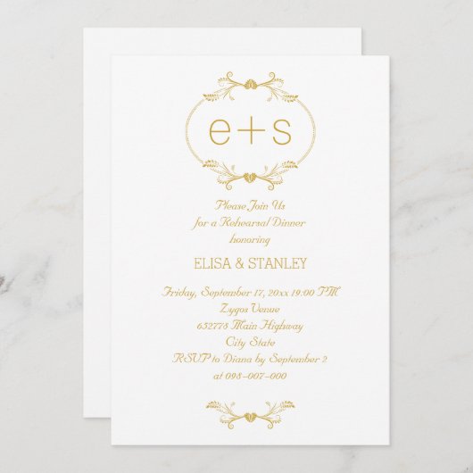 Invitation Initiales dans un cadre doré dîner de répétition m (Devant / Derrière)