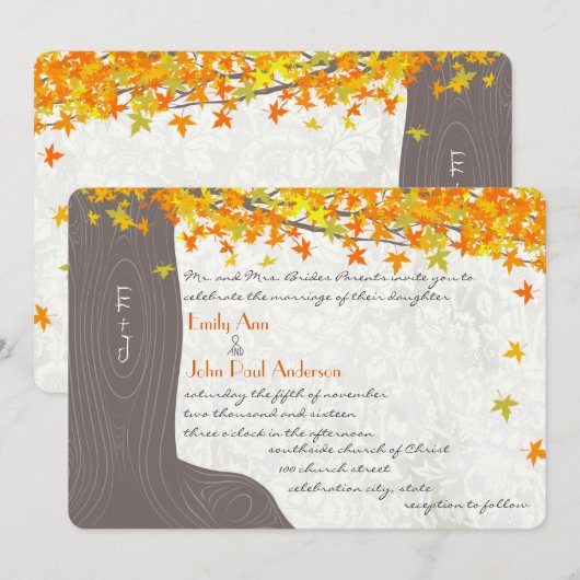 Invitation Initiales De L'Arbre D'Automne Dans Le Tronc Feuil (Devant / Derrière)
