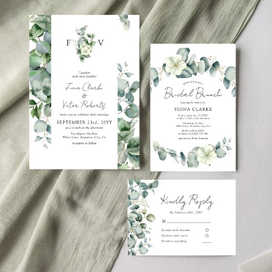 Invitation Initiales de mariage élégantes au eucalyptus verdo