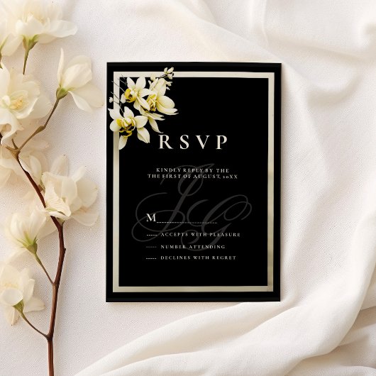 Invitation Initiales de monogramme d'ivoire noir orchidée RSV